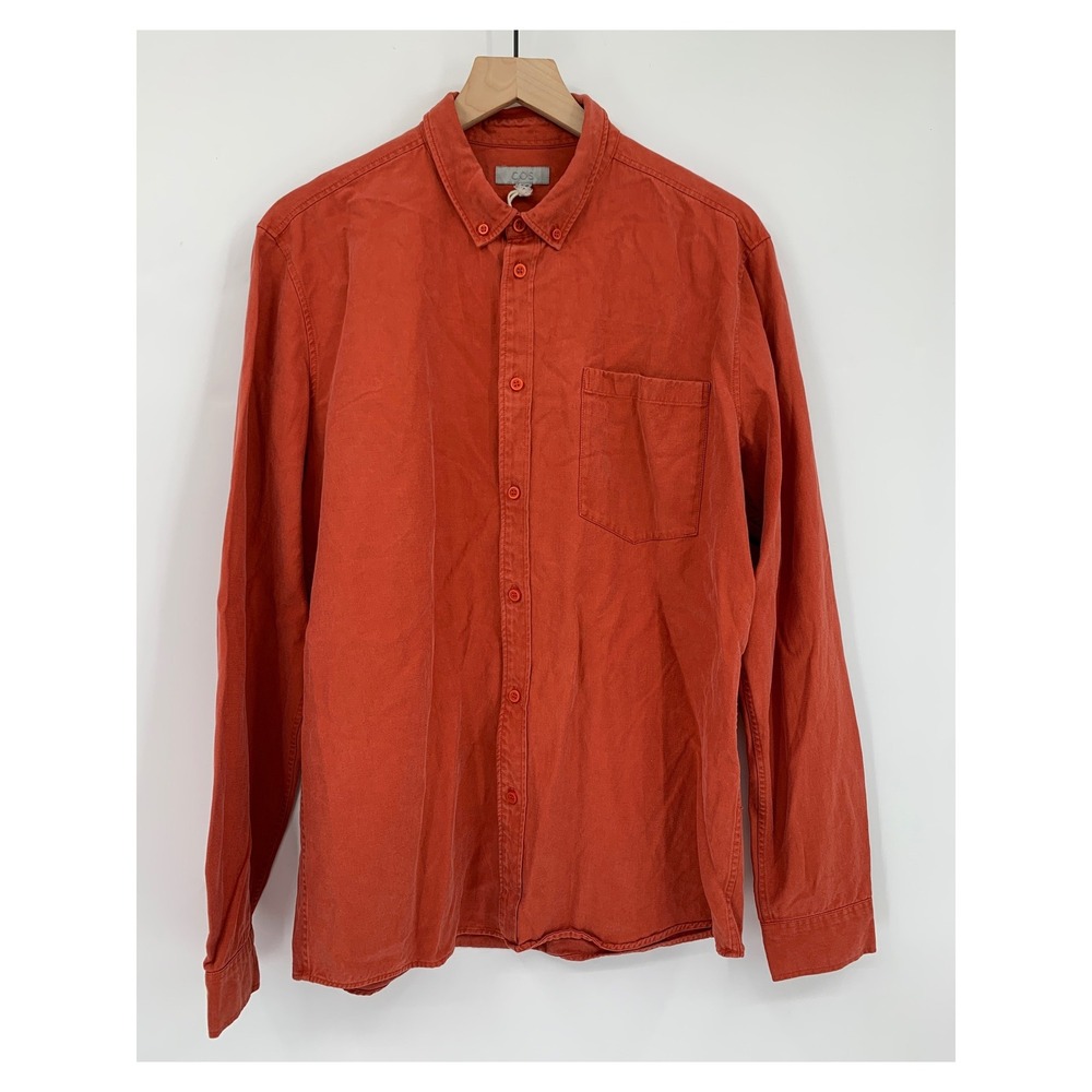 COS Shirt Mens Large Orange Button Down Lyocell Cotton Twill Long Sleeve Pocket